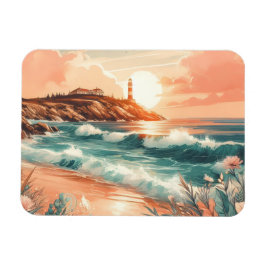 Sunset Lighthouse Ocean Beach Boho Blommigt Magnet