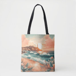 Sunset Lighthouse Ocean Beach Boho Blommigt Tygkasse