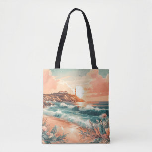 Sunset Lighthouse Ocean Beach Boho Blommigt Tygkasse