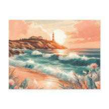 Sunset Lighthouse Ocean Beach Boho Blommigt