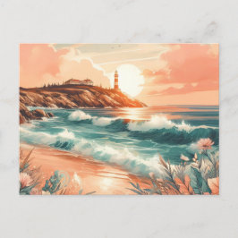 Sunset Lighthouse Ocean Beach Boho Blommigt Vykort