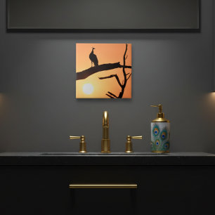 Sunset Majesty: Peacock Silhouette Ceramic Tile Kakelplatta