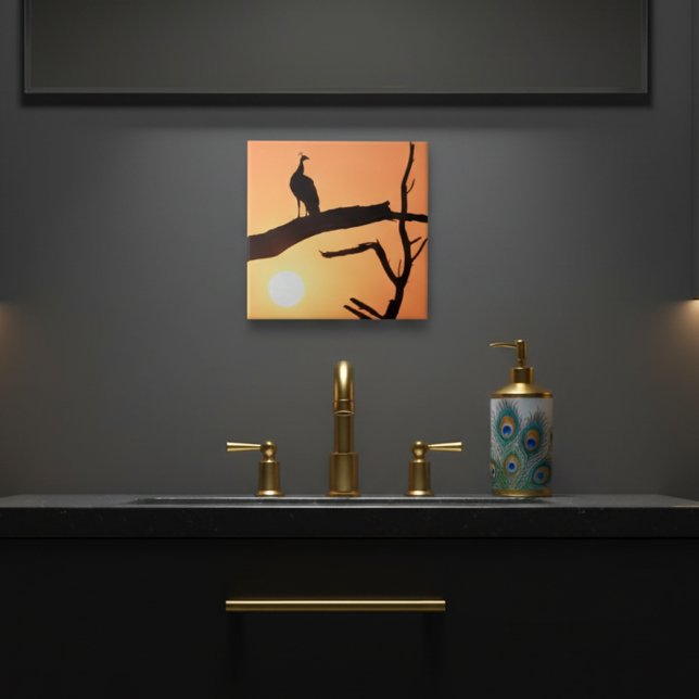 Sunset Majesty: Peacock Silhouette Ceramic Tile Kakelplatta (Skapare uppladdad)