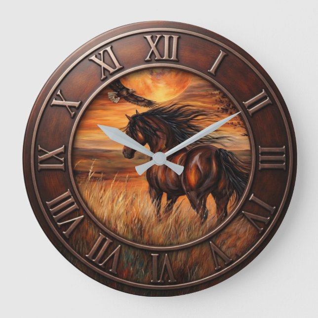 Sunset Meadow Horse Rustic Equestrian Eagle Timepi Stor Klocka (Framsida)
