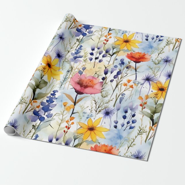 Sunset Meadow Watercolor Wildflower Pattern Presentpapper (Utrullad)