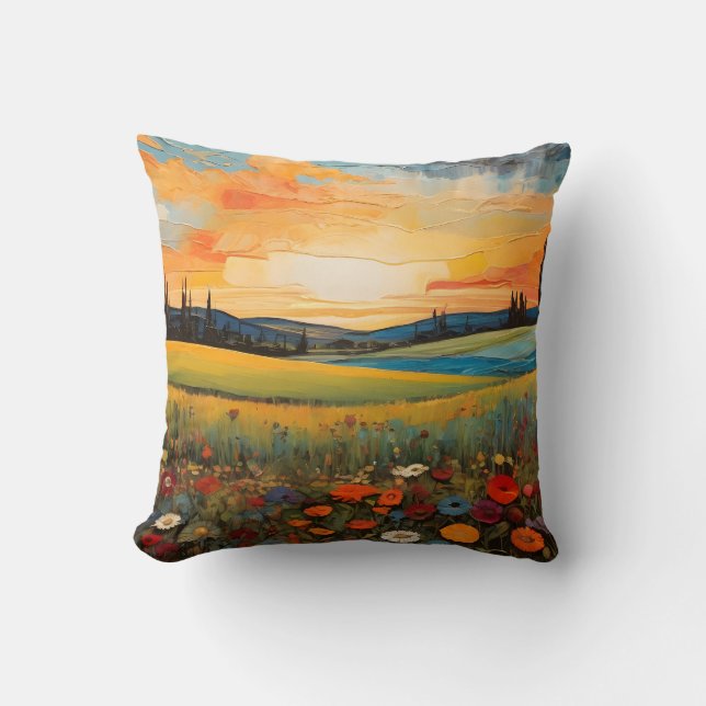 Sunset Meadow Wildblommor Bloom in Vibrant Summer Kudde (Framsida)
