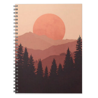 Sunset Mountain Forest Nature Illustration Anteckningsbok