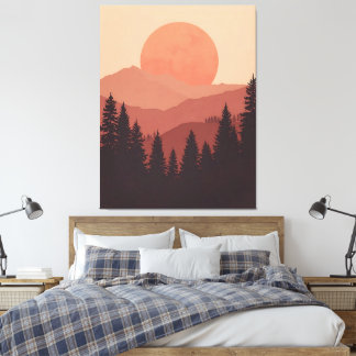 Sunset Mountain Forest Nature Illustration Canvastryck