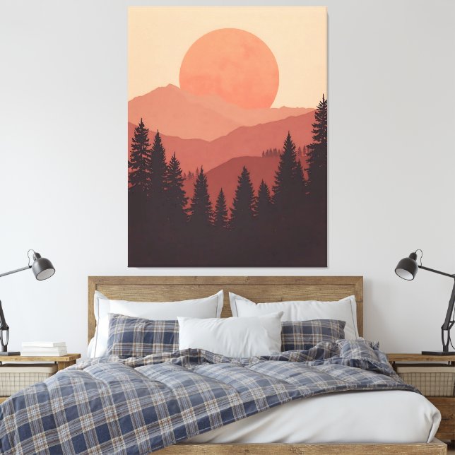 Sunset Mountain Forest Nature Illustration Canvastryck (Insitu (sovrum))