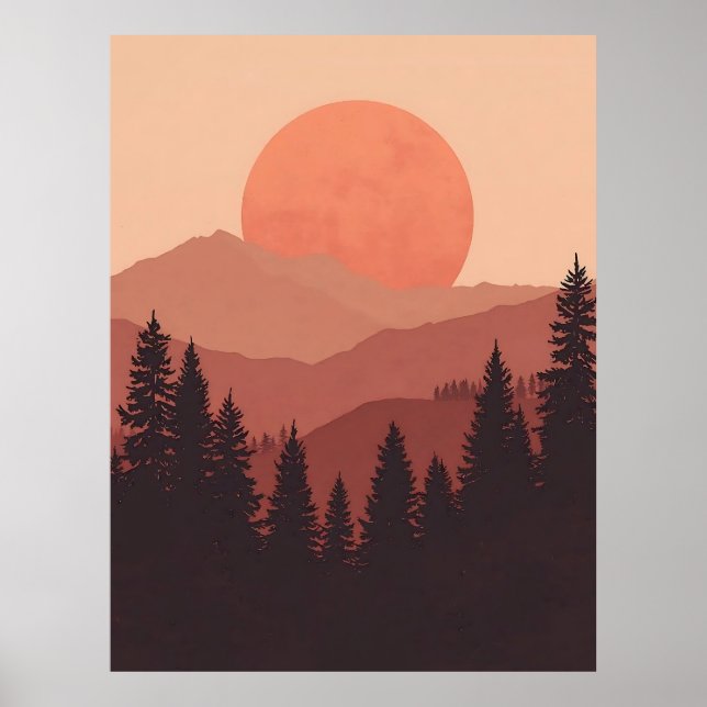 Sunset Mountain Forest Nature Illustration Poster (Framsidan)