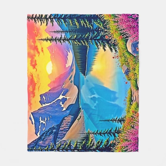 Sunset Mountain Lake Majesty Art Fleecefilt (Framsidan)
