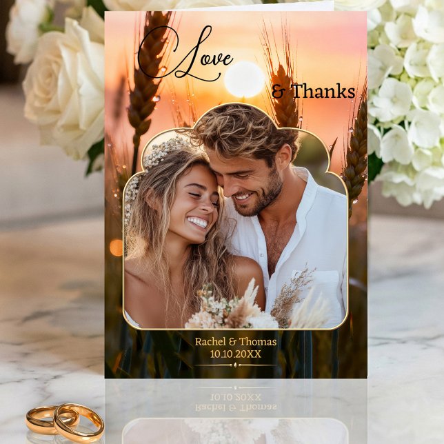 Sunset Nature Wedding Photo  Tack Kort (Wedding Thank You note card featuring your photo framed by a colorful sunset over a country scene)