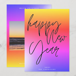 Sunset New Year Bold Gradient Rainbow Lycklig Phot Julkort