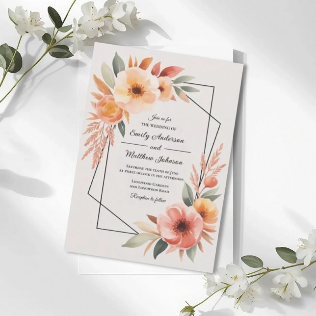 Sunset Orange Floral Frame Wedding Invitation Inbjudningar (Skapare uppladdad)