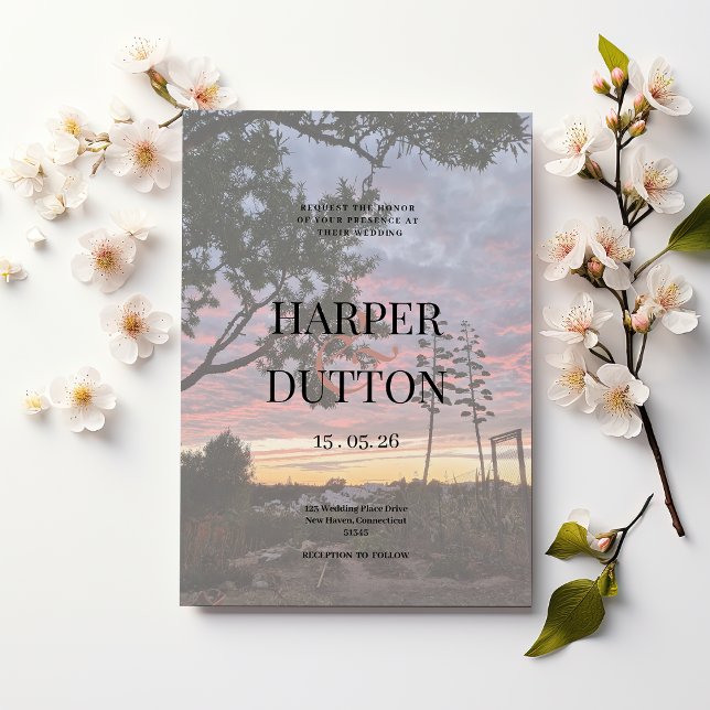 Sunset orange gult vacker landsbygd bröllop inbjudningar (Sunset orange yellow beautiful countryside wedding)