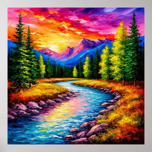 Sunset over Mountain River Valley Poster (Framsidan)