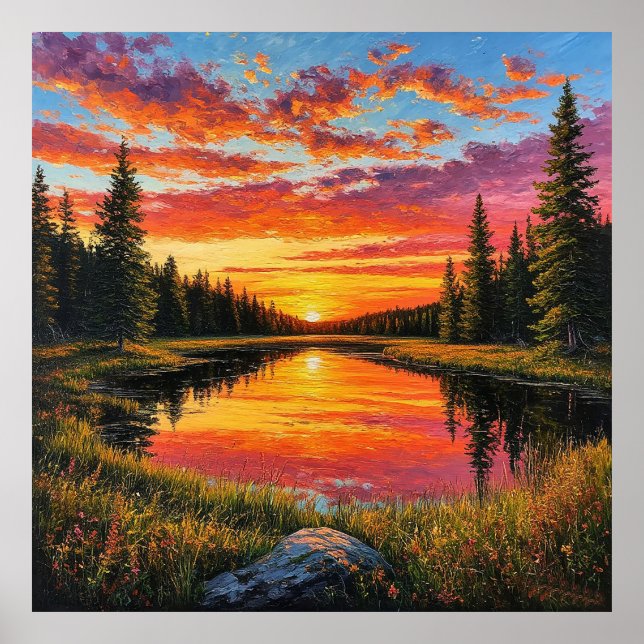 Sunset over Tranquil Forest River Poster (Framsidan)