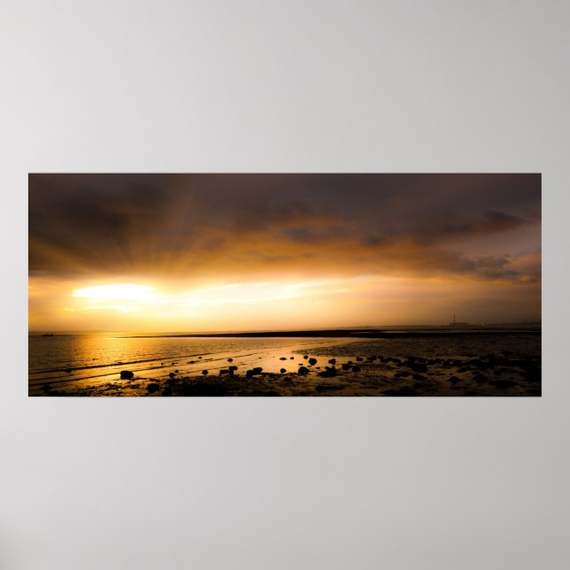 Sunset panoramic scen på Meon strand UK Poster (Framsidan)