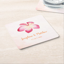 Sunset Plumeria Rosa Watercolor Bröllop Underlägg Papper Kvadrat