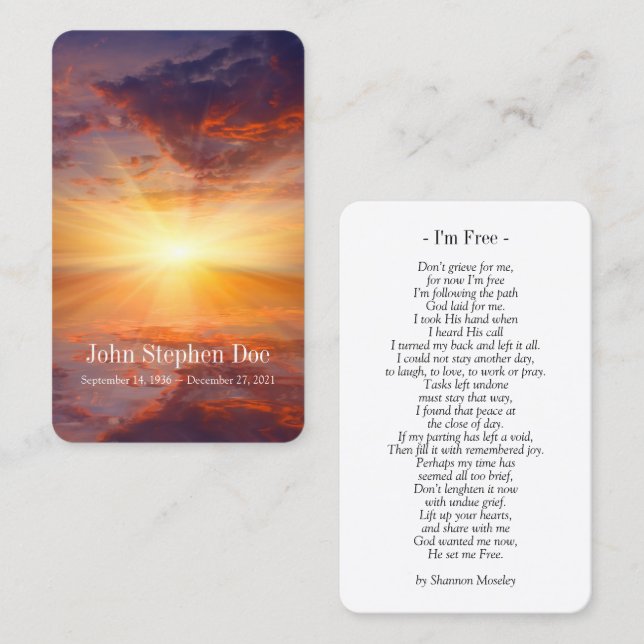 Sunset Prayer Card - Jag är gratis Visitkort (Fram/baksida)