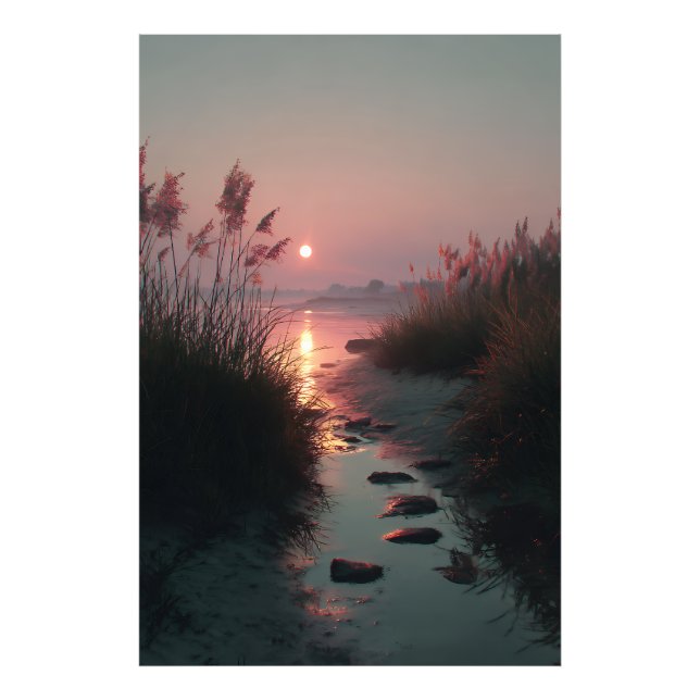 Sunset Reeds Stream Coastal Path Glow Fototryck (Framsidan)