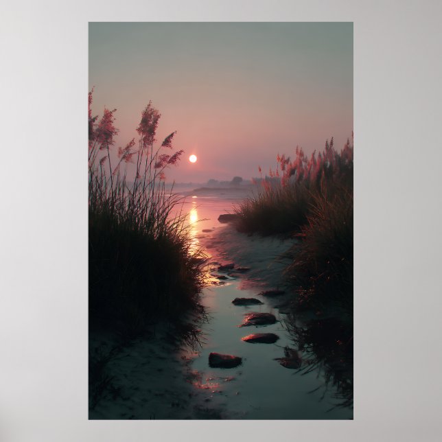 Sunset Reeds Stream Coastal Path Glow Poster (Framsidan)