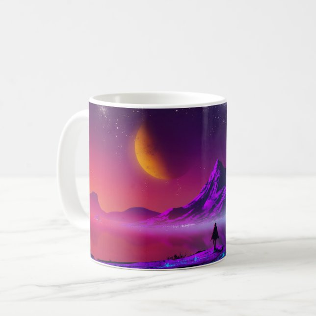 sunset retro scifi neon synthwave färg  kaffemugg (Framsida vänster)