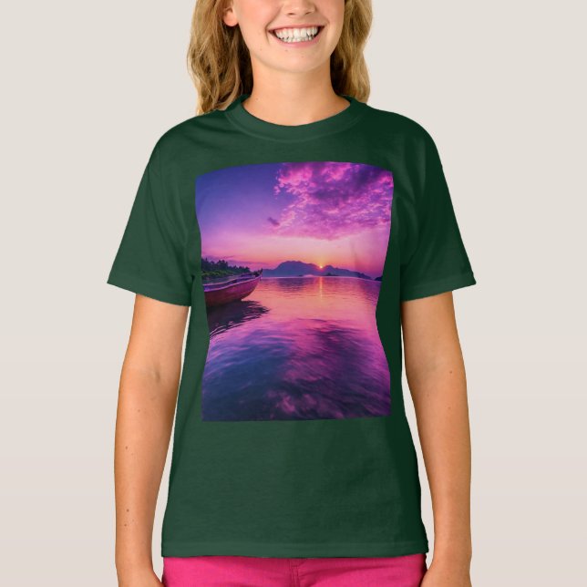 "Sunset Sail - Kids Artistic Boat Tee" T Shirt (Framsida)