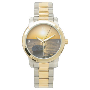 Sunset Sailboat Shipreck Bukt Breeze Guld Watch Armbandsur