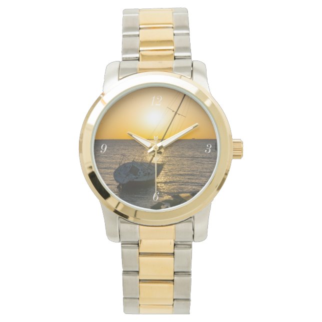 Sunset Sailboat Shipreck Bukt Breeze Guld Watch Armbandsur (Framsida)