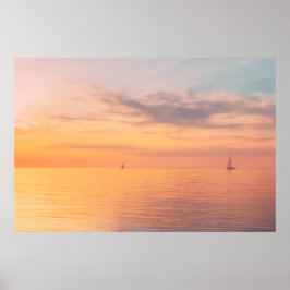 Sunset Sailboats Calm Ocean Horizon Glow Poster