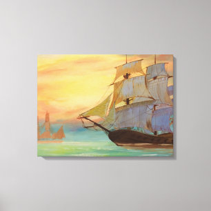 Sunset Sailing Fraktass Handmålade Nautical Art Canvastryck