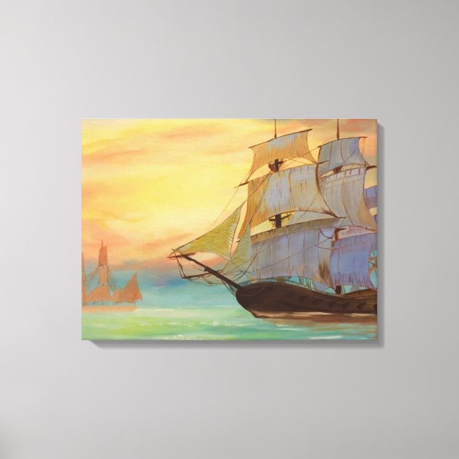 Sunset Sailing Fraktass Handmålade Nautical Art Canvastryck (Framsida)