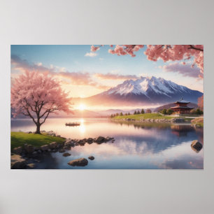 Sunset Sakura Garden med bergsvy Poster