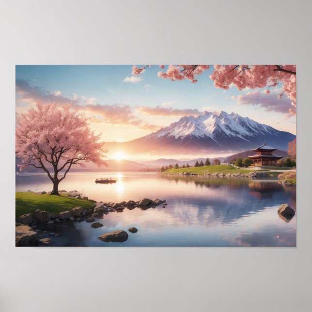 Sunset Sakura Garden med bergsvy Poster (Framsidan)