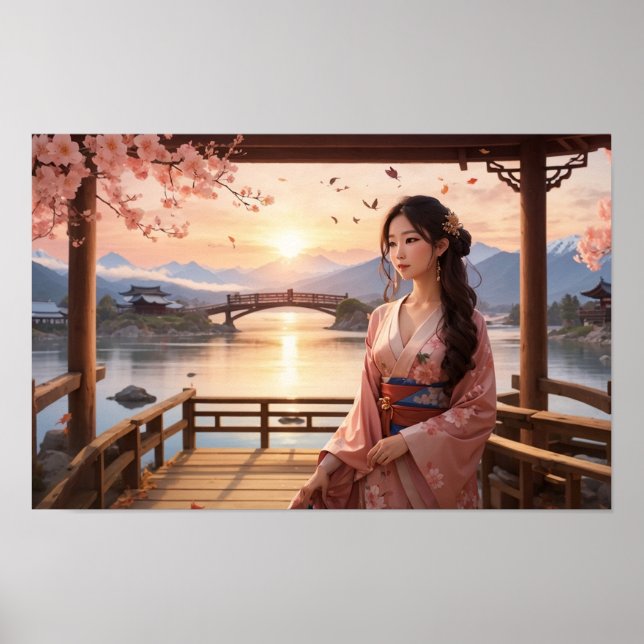 Sunset Sakura Träd med vackra asiatiska kvinnor Poster (Framsidan)