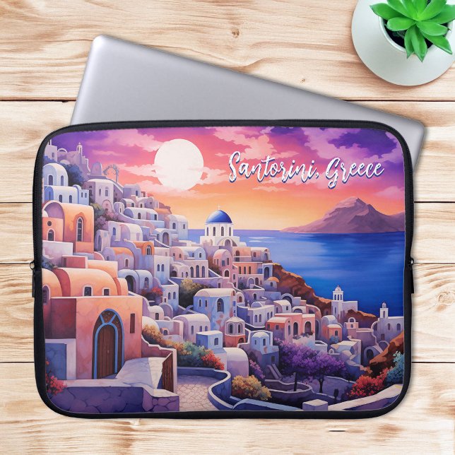 Sunset Santorini Island Illustration | Resekonst Laptop Fodral (Sunset Santorini Island Illustration | Travel Art Laptop Sleeve)