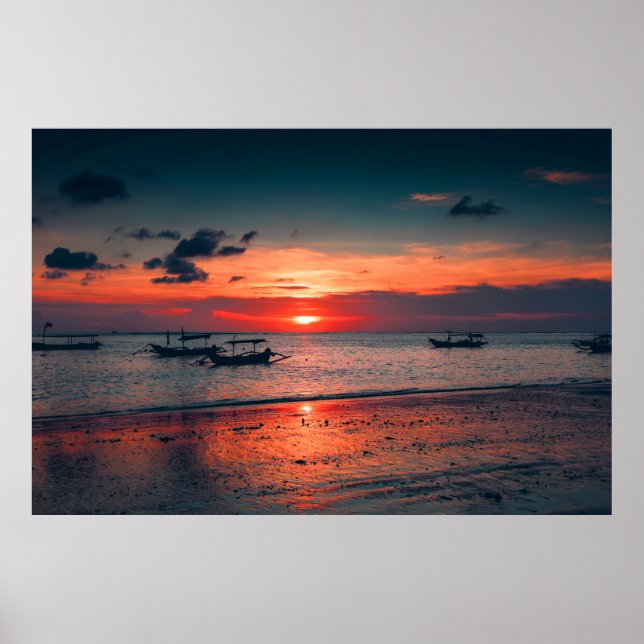 Sunset Sea Boat Shore Poster (Framsidan)