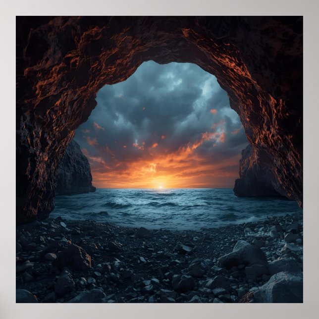 Sunset Sea Cave - Dramatic Coastal Wall Art Poster (Framsidan)
