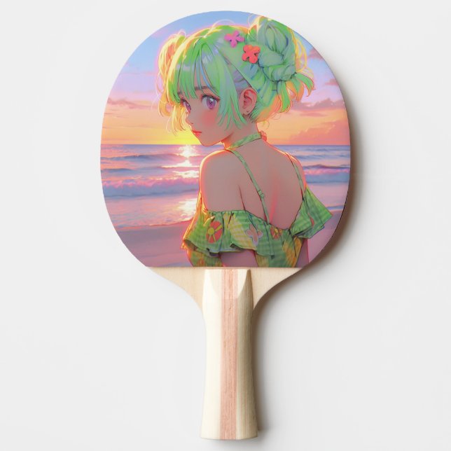 Sunset Seaside Anime Girl med Mint Hair Buns Pingisracket (Framsidan)