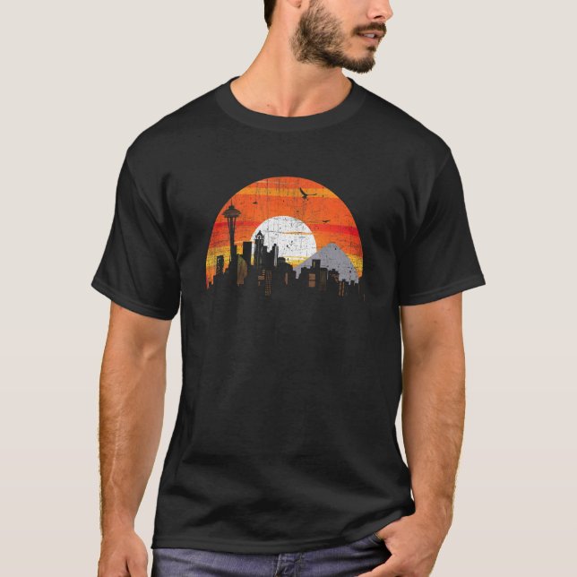 Sunset Seattle Washington Cityscape Downtown Skyli T Shirt (Framsida)