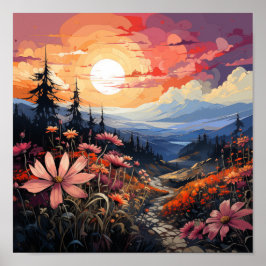 Sunset Serenity: Vibrant Wildblommor och berg Poster