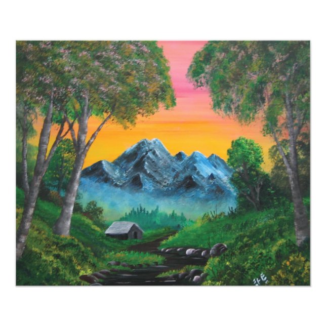 Sunset Shack i bergsskogen Fototryck (Framsidan)