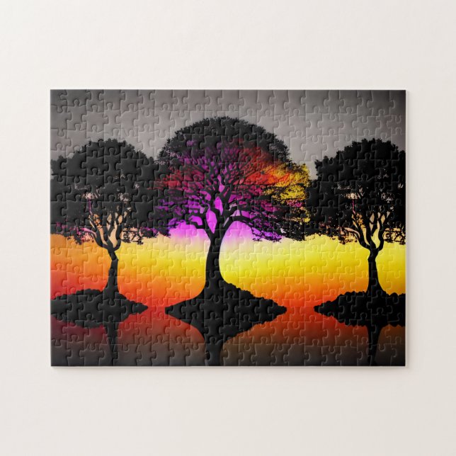 Sunset Silhouette Art med Black Träd och Färg Pussel (Horisontell)