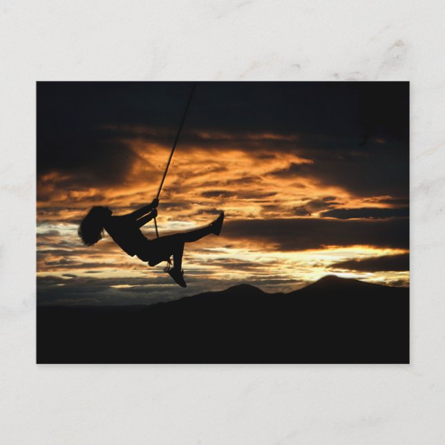 Sunset Silhouette of Girl on Swing Vykort (Framsida)