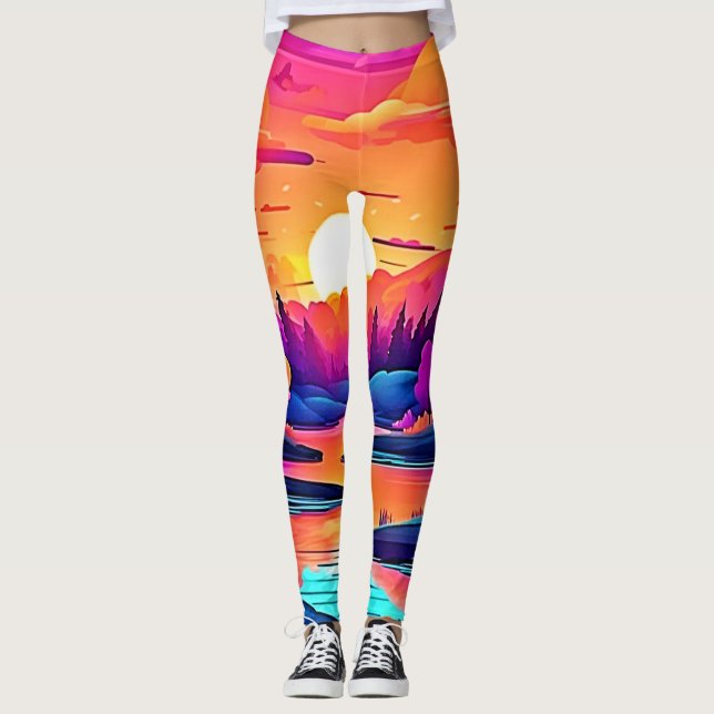 Sunset Sjö Fantasy Art Leggings (Framsida)