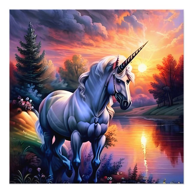 Sunset Sjö River Unicorn Seven Fototryck (Framsidan)