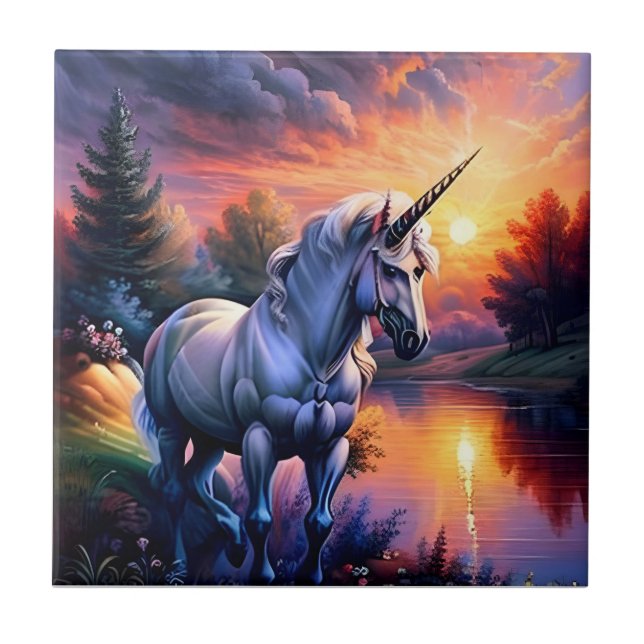 Sunset Sjö River Unicorn Seven Kakelplatta (Framsidan)