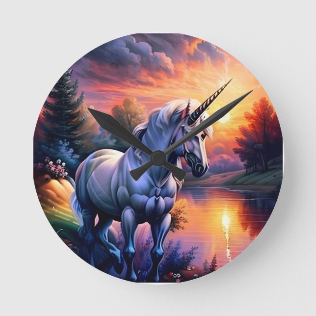 Sunset Sjö River Unicorn Seven Rund Klocka (Framsida)