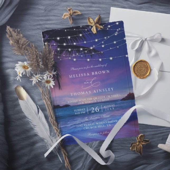 Sunset String Light Tropical Beach QR Code Wedding Inbjudningar (Skapare uppladdad)